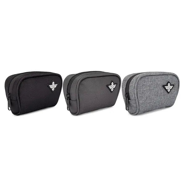 The Erozul Nano v2 Small Smell Proof Slim Pack Pouch by Erozul comes in black, dark gray, and light gray, features a front triangular logo patch, and is made from water-resistant material for durability.